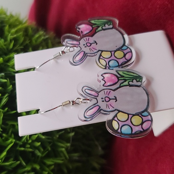 RABBIT EASTER EARRINGS Easter bunny & eggs themed dangle acrylic earrings NWT - Picture 2 of 4
